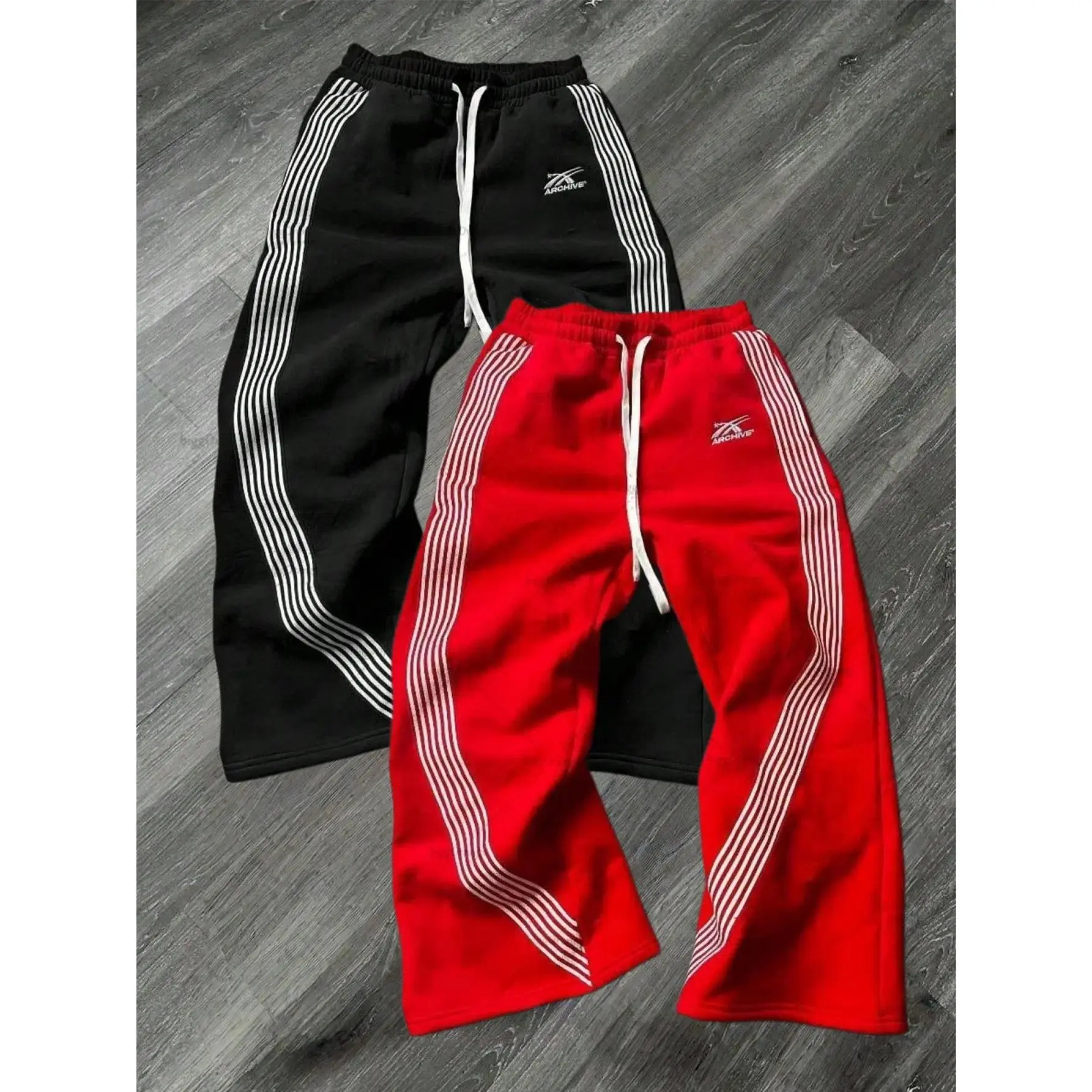 Men’s two-pack athletic sweatpants with side stripes — embroidered drawstring straight-leg long pants; American high-street retro loose casual long pants