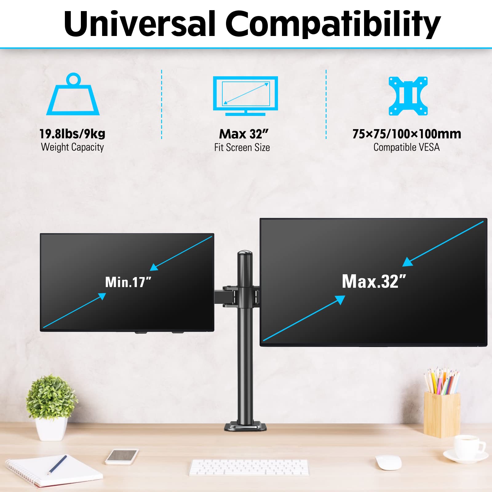 MOUNTUP 17"-32" Dual Monitor Desk Mount, Max 27" for Curved Screens, Each Hold Up to 19.8lb, VESA 75x75mm or 100x100mm, Fully Adjustable Dual Monitor Arm for 2 LCD Screens, Dual Monitor Stand with C-Clamp and Grommet Base MU0002
