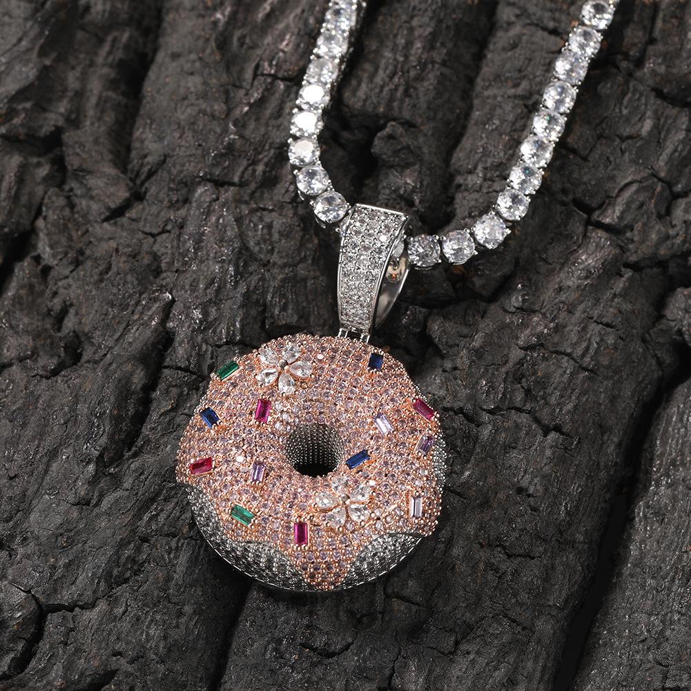 Loveden Hip Hop Iced Out Colorful Donut Pendant Necklace, Full Micro Pave Cubic Zirconia Donut Charm, Trendy Brand Quirky Streetwear Jewelry, Unique Fun Fashion Accessory, Unisex Statement Ornament for Men Women, Ideal for Daily Outfits, Club Party & Casu