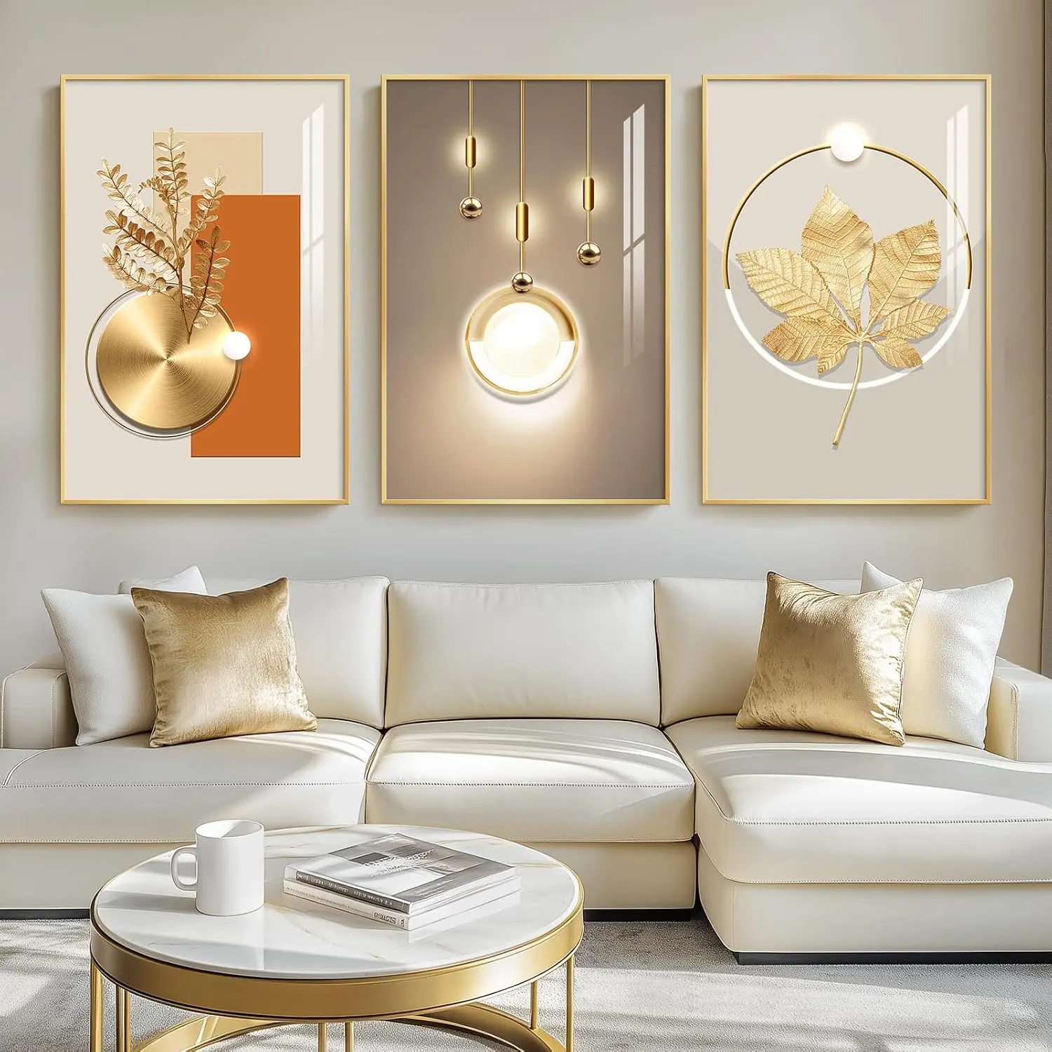 3-Piece Artistic Modern Luxury Gold Wood Framed Wall Art Set - 24x36 in, Solid Pattern, Crystal Coating, Big Geometric Home Decor for Living Room, Bedroom