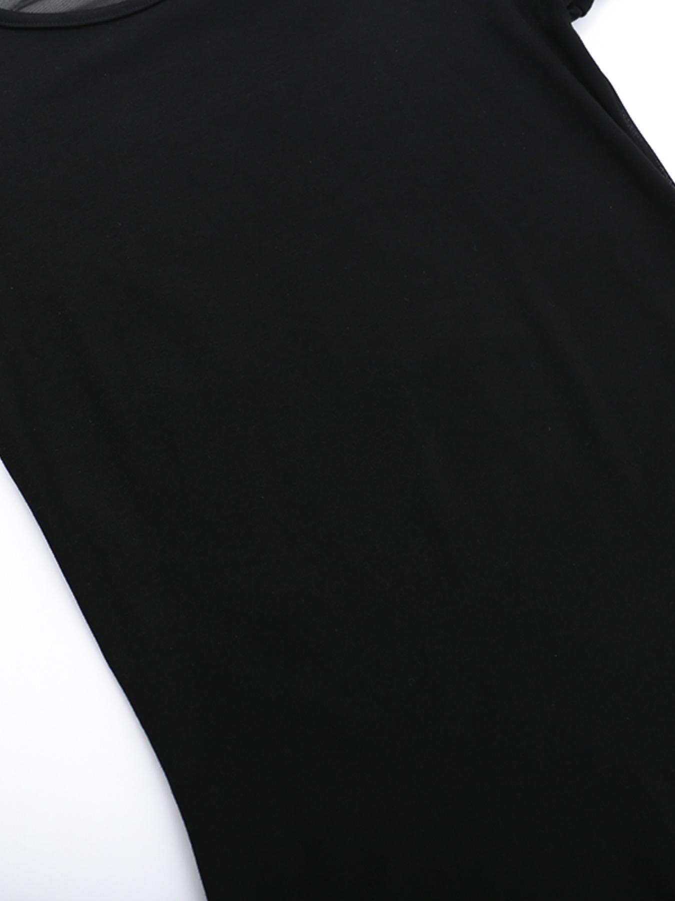 Women's Angel Print Contrast Mesh Sheer Round Neck Tee, Y2K Trendy Casual Raglan Sleeve T-shirt for Daily Wear, Ladies All Seasons Outfit