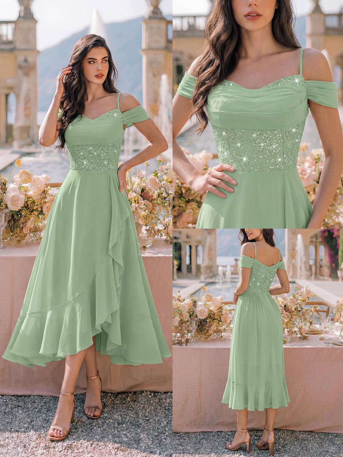 MIUSOL 86253 Sequin Floral Lace Off Shoulder Contrast Chiffon Ruffle Hem Midi Chic Elegant Evening Party Swing Dress,Suitable For Wedding Guest, Formal Dinner