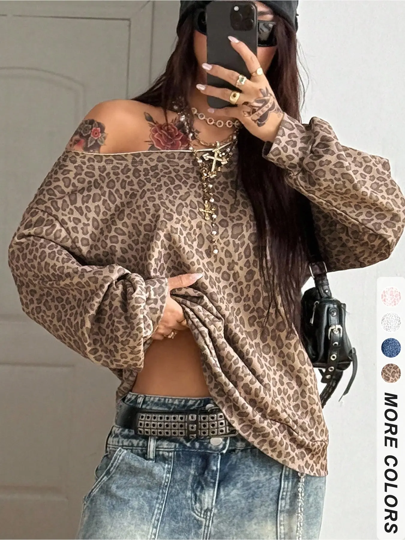 Women's Leopard Print Off-Shoulder Long Sleeve Casual Cozy Sweatshirt, Y2K Style Loose Asymmetrical Neck Top, Nightclub Streetwear Daily Wear