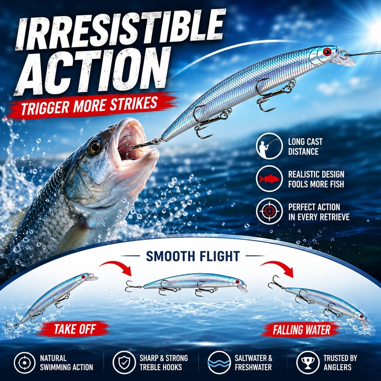7" Saltwater Minnow Fishing Lures, Long Casting Floating Twitchbait for Striped Bass, Redfish, Pike & Bluefish, Realistic Swimming Hard  with  Treble Hooks, 3 count