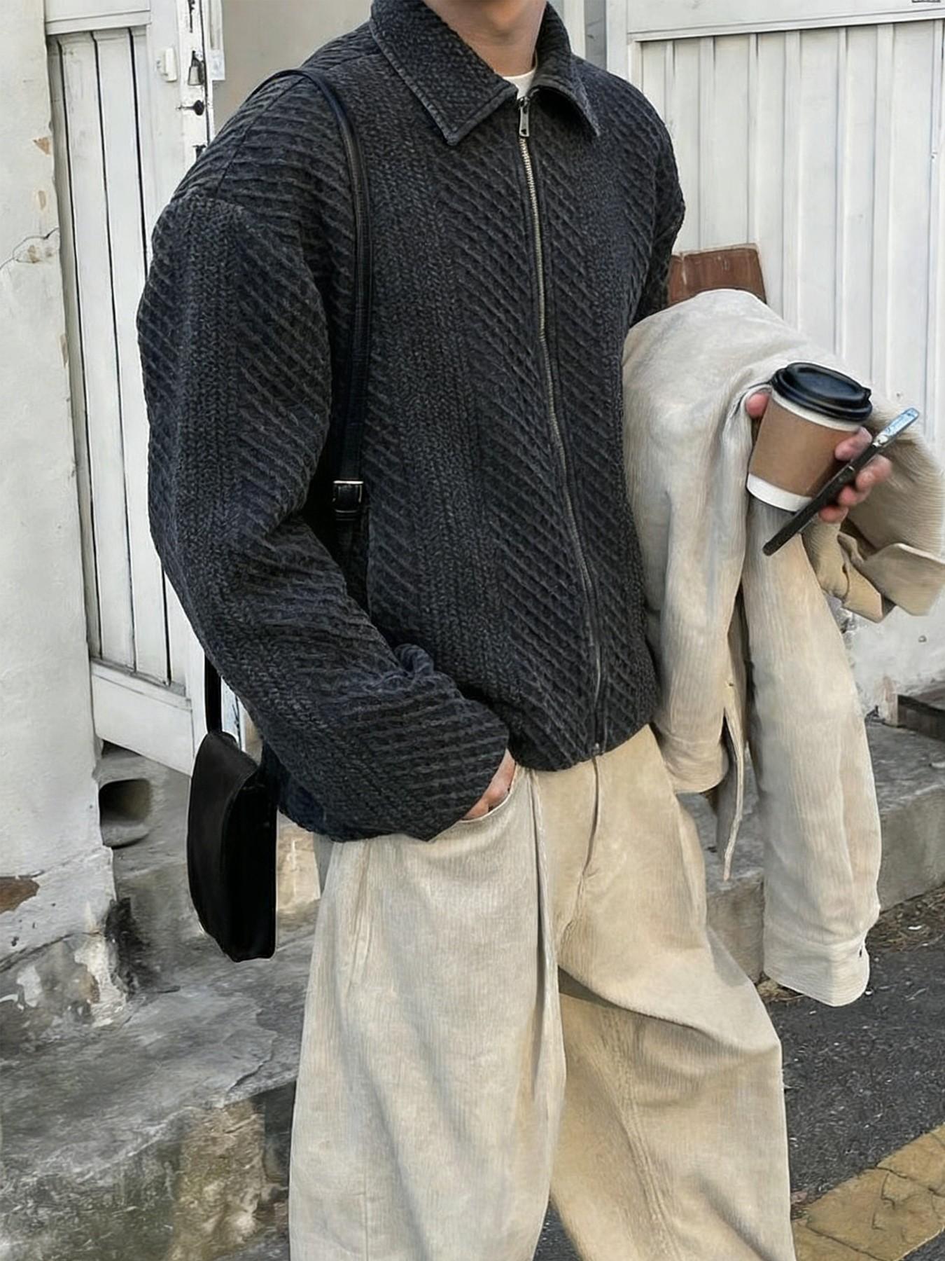 Men's Casual Jacket, Contrast Patchwork Zipper Neckline, Short Design, Heavy Cotton Y2K Style, Fall & Winter Fashion