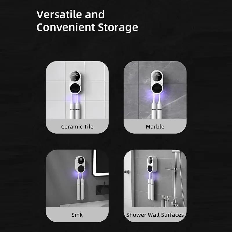 Double-person toothbrush disinfection device, equipped with LED intelligent screen, featuring intelligent sensing, automatic UV opening/closing, intelligent disinfection, air drying, hole-free wall mounting, detachable design, suitable for home use