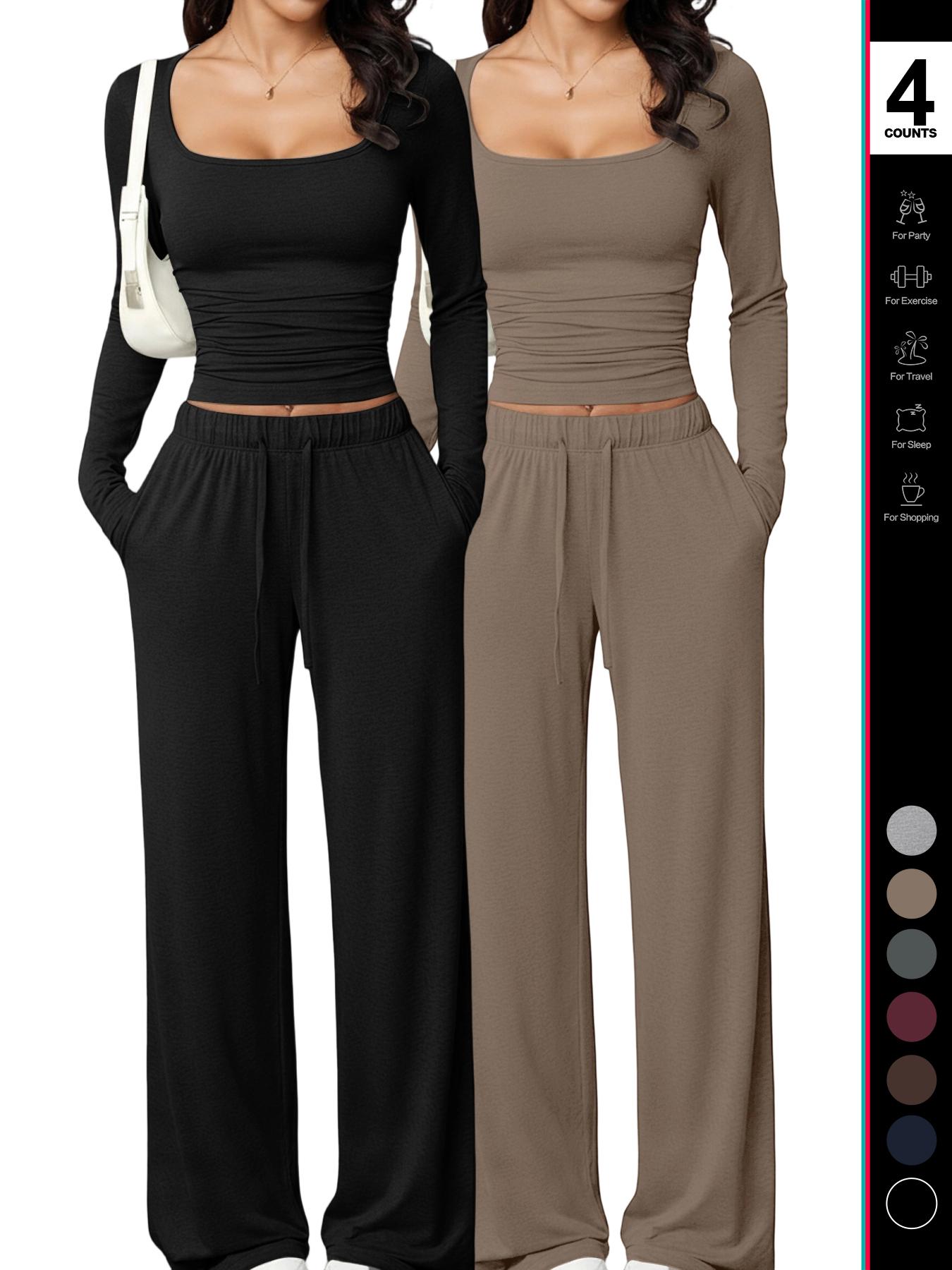 2026 Women's 2 Piece Matching Lounge Set, Square Neck Long Sleeve Crop Top, High Waisted Wide Leg Drawstring Pants, Casual Sweatsuit