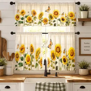 SoftHaven Home 3-Piece Sunflower Floral Window Curtain Valance & Tier Set - Made in USA, Spring Butterfly Design, 100% Polyester, Rod Pocket, Light Filtering, Allergy-Safe, Perfect for Living Room & Bedroom, Window Curtains, Light Filtering Curtains