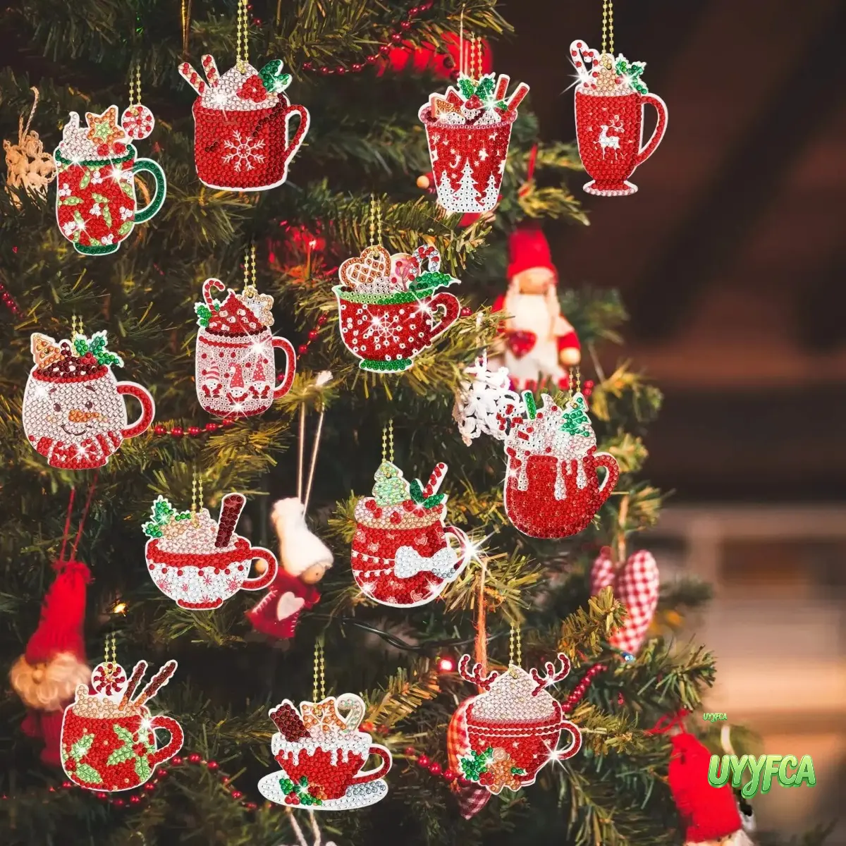15-Pack DIY Diamond Painting Keychain Ornaments, Hot Cocoa Mug Themed Christmas Hanging Decorations, Handmade Craft Kit For Holiday Art Projects, Christmas Tree Ornaments, Bag Charms For Kids And Family Holiday Decor