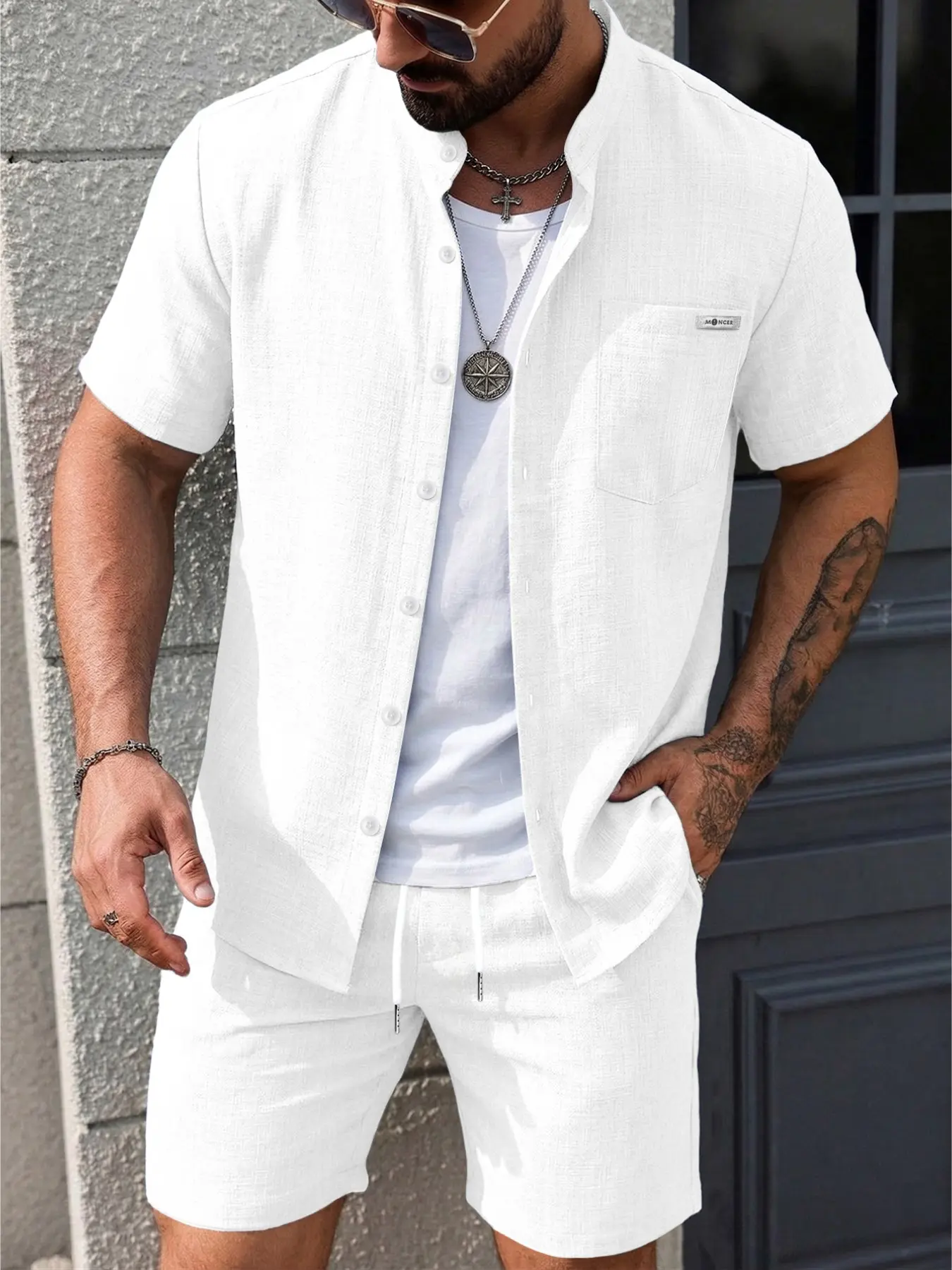 Summer Men's Beach Two-Piece Set, Shorts Set Outfit, Stand Collar Button Short Sleeve Shirt with Drawstring Shorts, Casual for Beach, Party, Travel