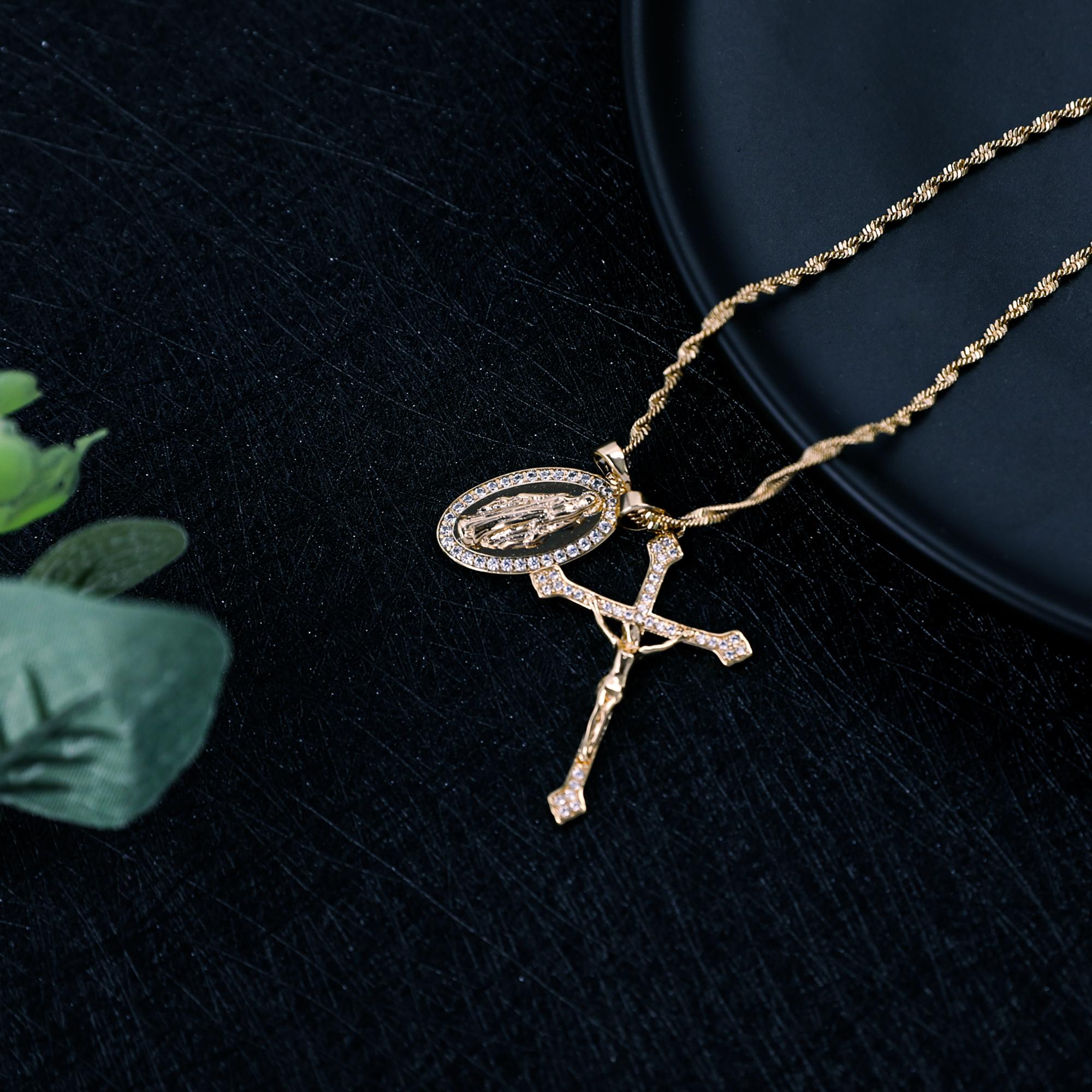 MYTYS 2 in 1 Virgin Mary & Jesus Pendant Necklace Religious Faith Inspired Cross Amulet Handmade Fashion Accessory for Women Men Gift Set