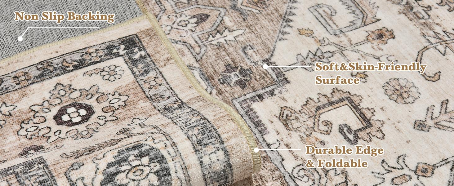Area Rug 5x7 Washable Vintage - Soft Rugs for Living Room Large Non Slip Backing with Low Pile Farmhouse Oriental Retro Carpet for Bedroom Dining Room or Home Office - Tea Brown