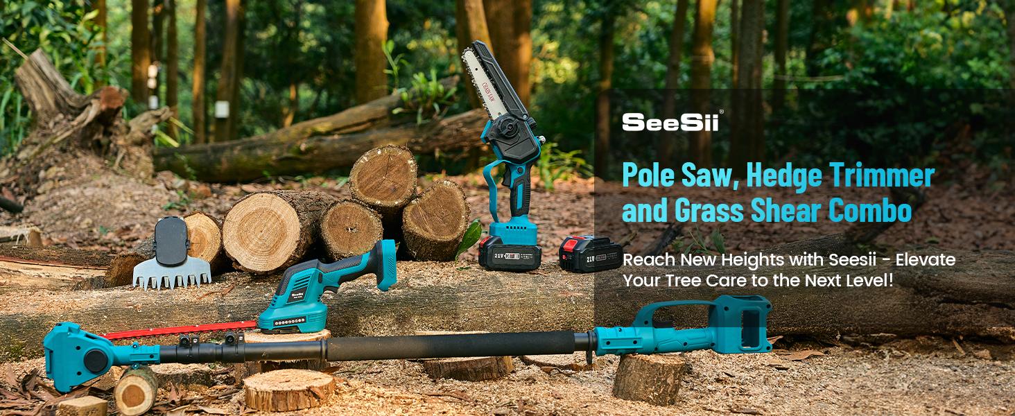 Seesii 6-in-1 Cordless Pole Saw and Pole Hedge Trimmer Grass Shears Combo Kit, Electric Mini Chainsaw with 2*4.0 Ah Batteries, Extension Tree Prunner, Bush Trimmer Limb Branch Cutter, 16ft Long Reach CP610 #TikTokShopBlackFriday