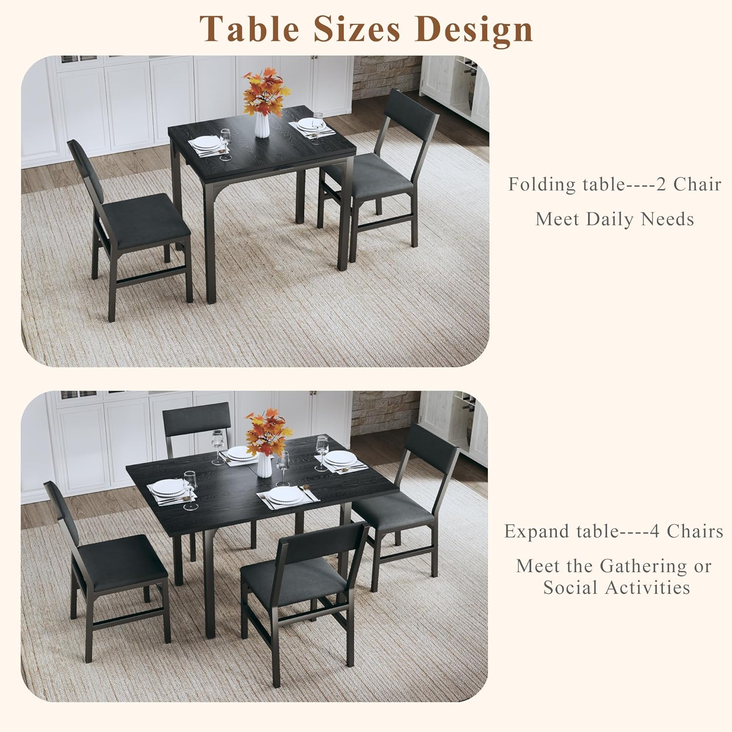 Dining Table Set for 4, Extendable Kitchen Table Cushion Chairs Set of 4, Rectangle Dining Table with Metal Frame & MDF Board, Folding for Small Apartment Saving Space, Black Dining Table Set for 4, Extendable Kitchen Table Cushion Chairs Set of 4, Rectangle Dining Table with Metal Frame & MDF Board, Folding for Small Apartment Saving Space, Black