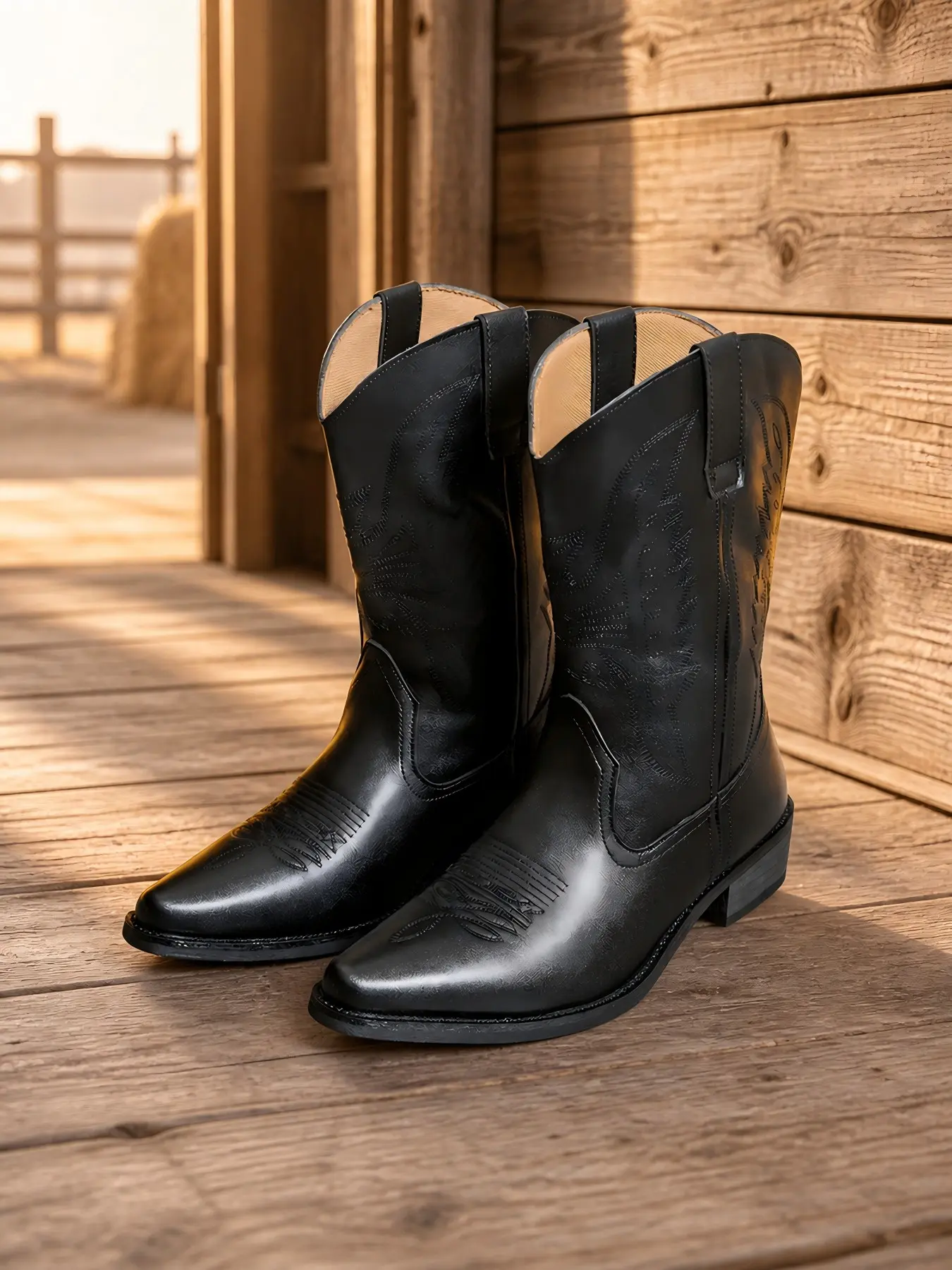 Men's Embroidered Mid-Calf Riding Boots, Pointed Toe Western Cowboy Boots, Western Inspired Boots, Vintage Fashion Style, Casual Boots, Comfortable Closed Slip-On Design, Rubber