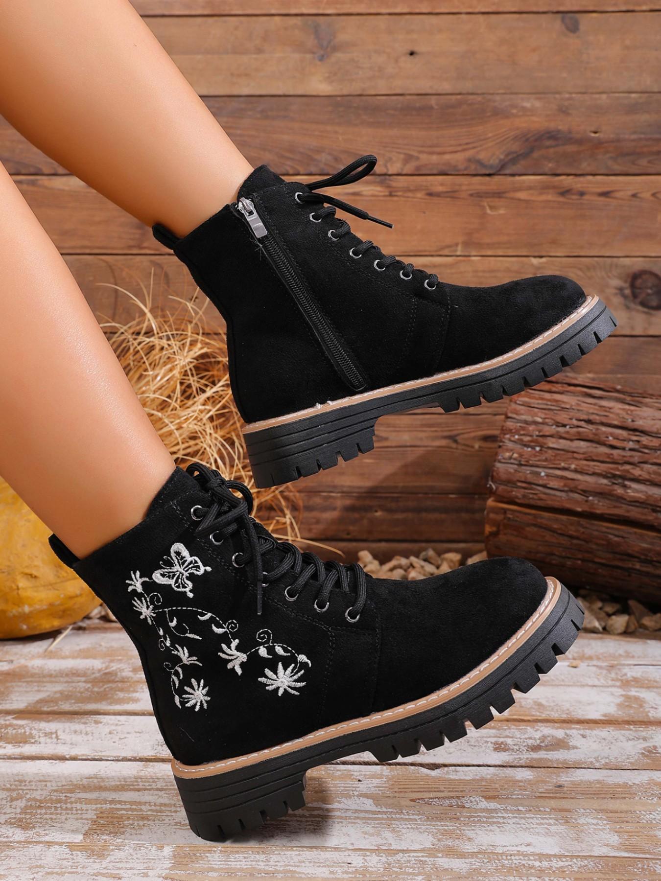Autumn Winter New Retro Ethnic Butterfly Floral Embroidery Boots, Velvet Laces Thick Sole Work Short Boots, Casual Comfortable Western Boots