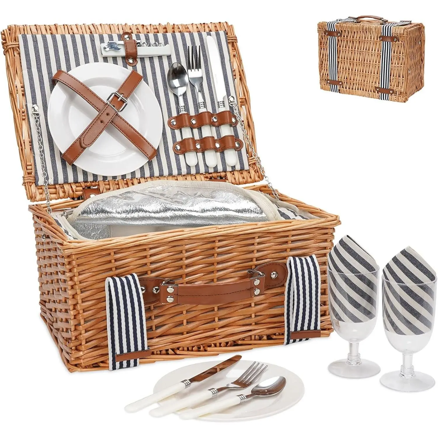 Handmade Wicker Picnic Basket Set for 2 Persons with Insulated Cooler & Cutlery Kit, Ideal Gift Basket for Couples for Valentine Day, Birthday, Wedding, Outdoor Party