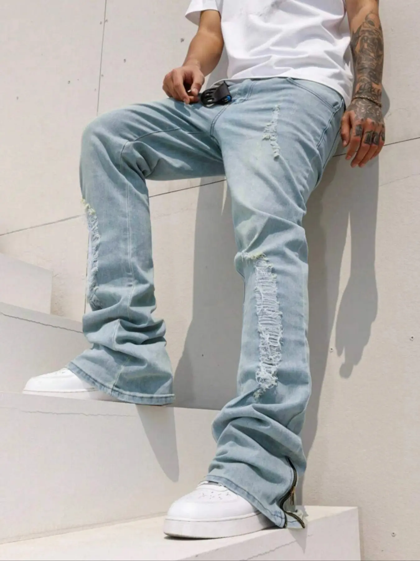 Men Light Wash Distressed Ripped Flared Trousers, Stretch Stacked Bootcut Pants with Hem Zipper, Vintage Streetwear Casual Bottoms