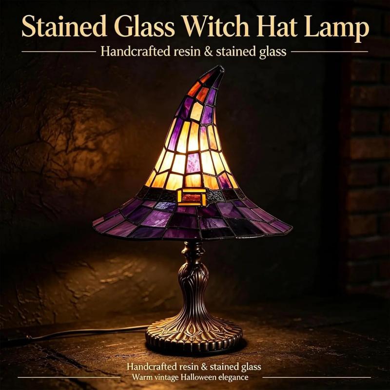 Colorful Glass Witch Hat Lamp, Handmade Vintage Resin Witch Light, USB Powered Magic Gothic Wizard Hat Nightlight, Spooky Halloween Home Decor Lamp, Bedroom and Bookshelf Decor Lamp, Decorative Lights