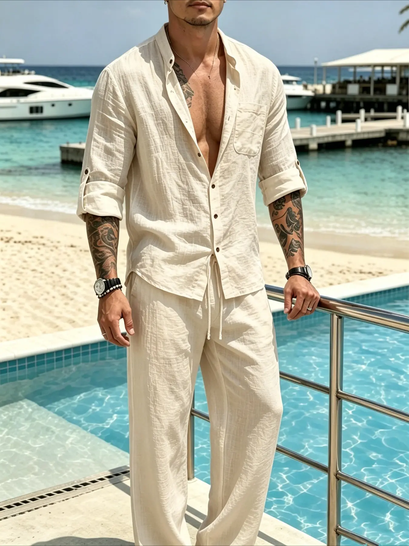 Men's Linen Stand Collar Long Sleeve Button Shirt and Tie Waist Pants Set, Beige, Luxury Aesthetic Business Casual Resort Style, Versatile Daily Wear