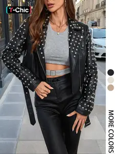 Women's PU Leather Jacket with Adjustable Belt, Punk Style Casual Motorcycle Coat Outerwear for Fall & Winter, Fitted Design, Moderate Fabric Thickness, Tops, Womenswear