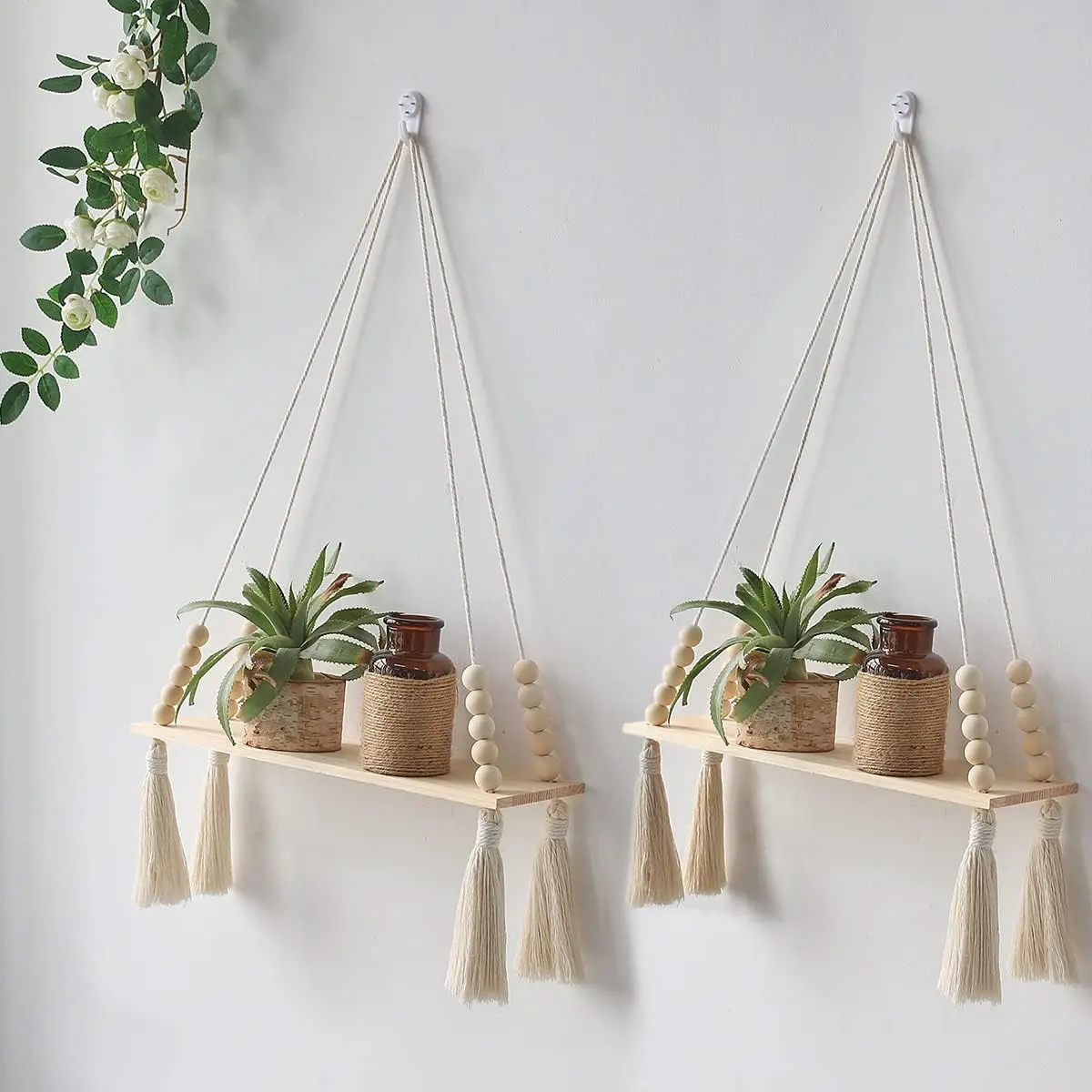 SICANDAENHK Macrame Hanging Shelves Set of 2 Boho Wood Floating Storage Shelf SICANDAENHK Macrame Hanging Shelves Set of 2 Boho Wood Floating Storage Shelf