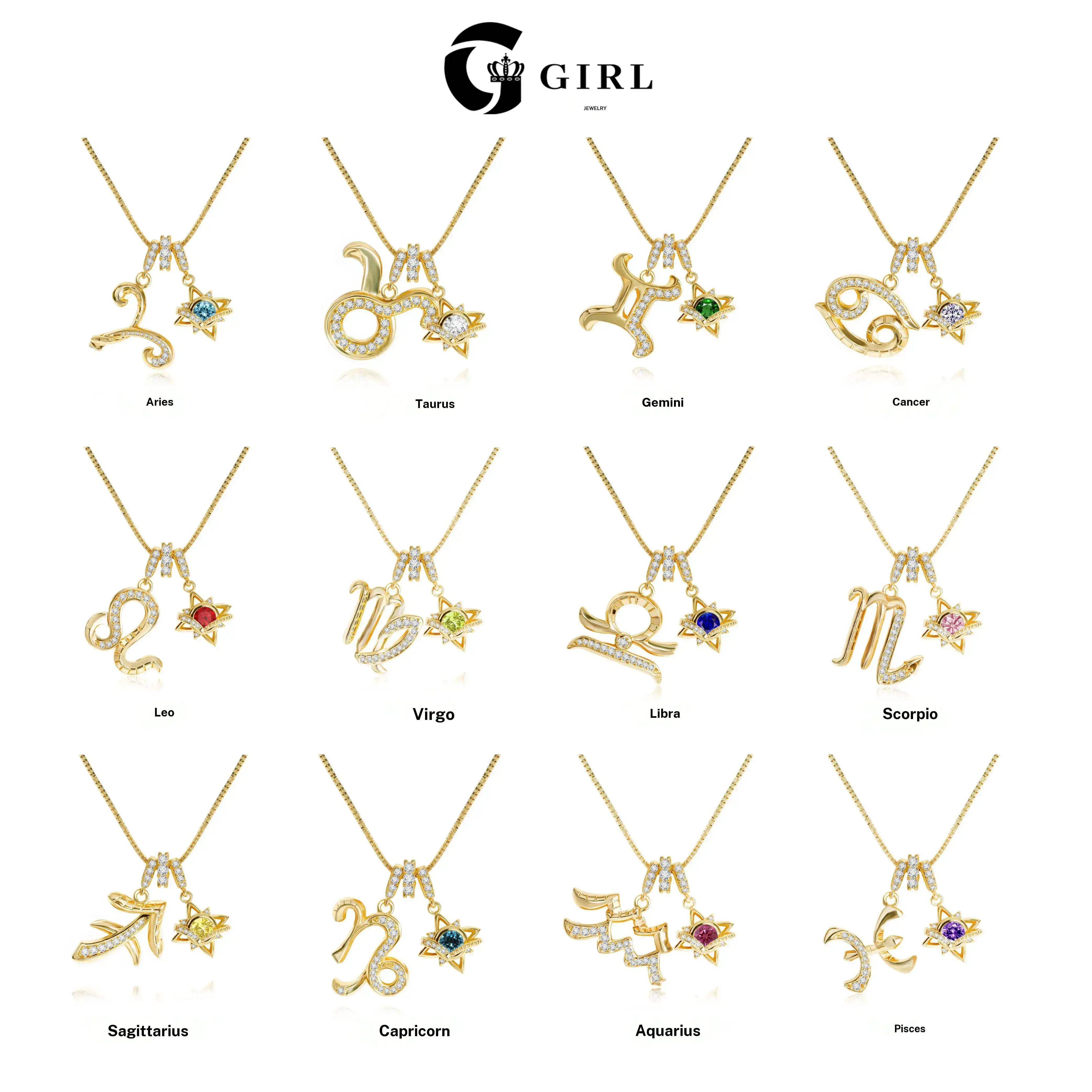 GGIRL 18K Gold Plated Cubic Zirconia Colorful Dopamine Four Pointed Star Twelve Constellation Pendant Necklace for Men Women, Unique Design Meaningful Fashion Jewelry Gifts for Daily Summer Beach Parties Holiday Birthdays Anniversaries Occasions