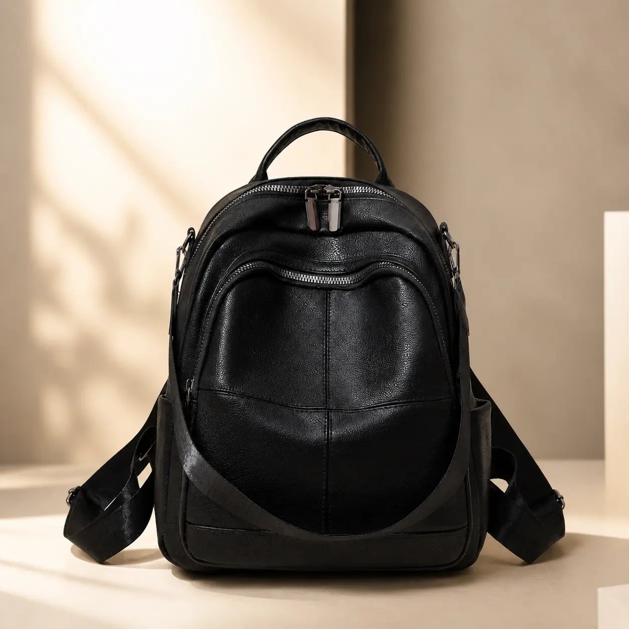 Women's Vintage Backpack, Soft PU Medium-Sized Bag with Contrast Stitch Detail, Zip Pockets, Zipper Closure, Lightweight for Daily Commute & Travel, Stylish Roomy Option for Teens, Black/Coffee/Green