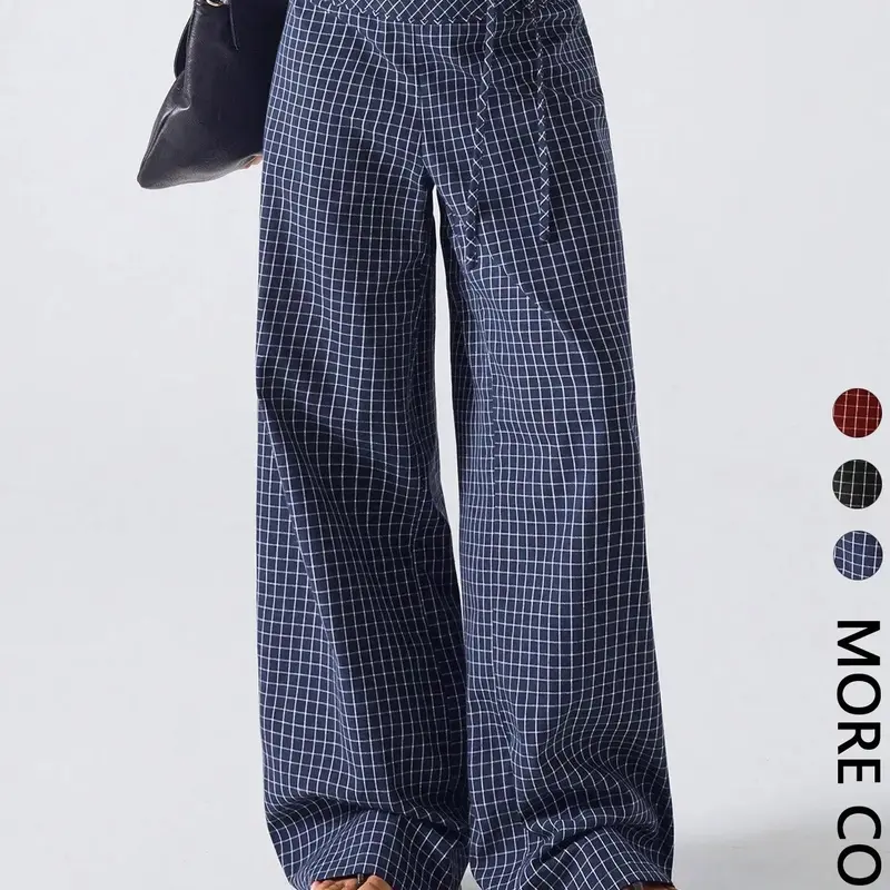 Women's Plaid Print Casual Loose Fitted Wide-Leg Pants for All Seasons, Simple Fashion Design, Comfortable and Stylish, Casual Basic Trousers