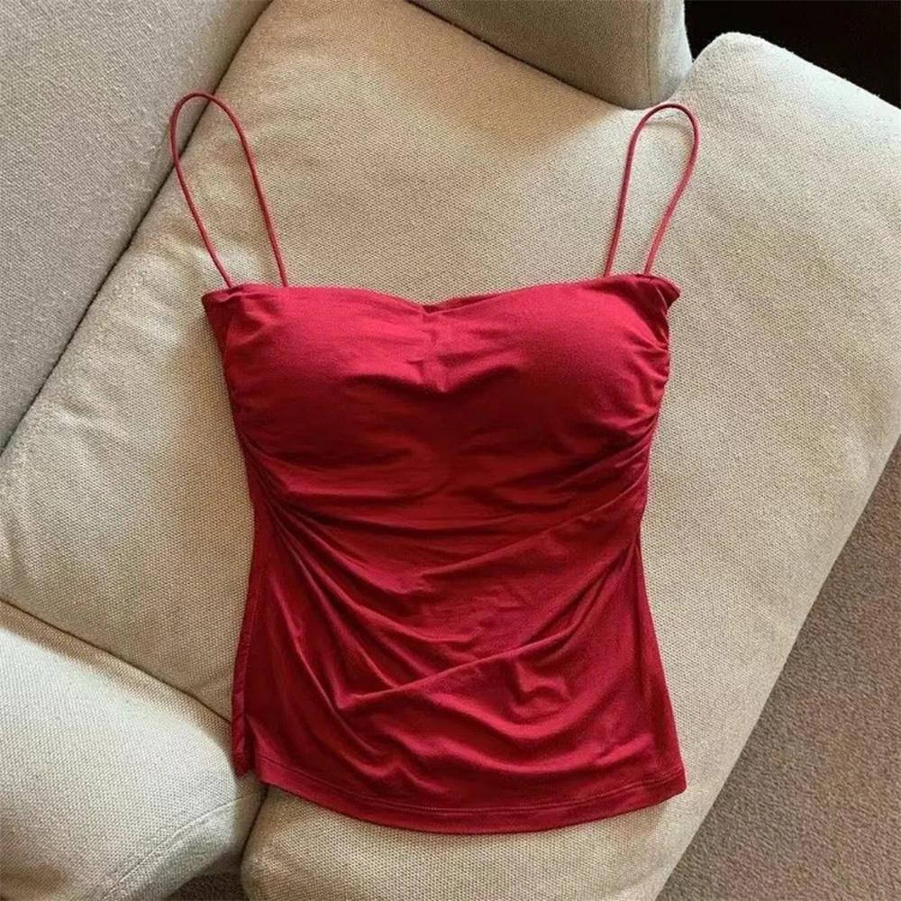 Women's Sexy Corset Crop Top - Thin Strap Ease, Bold Crop Top Look, Short Length, Pleated Detail, Solid Color, Built-In Bra, Soft Support, Sleeveless, Body-Hugging Sun Protective Sports & Outdoor Vest