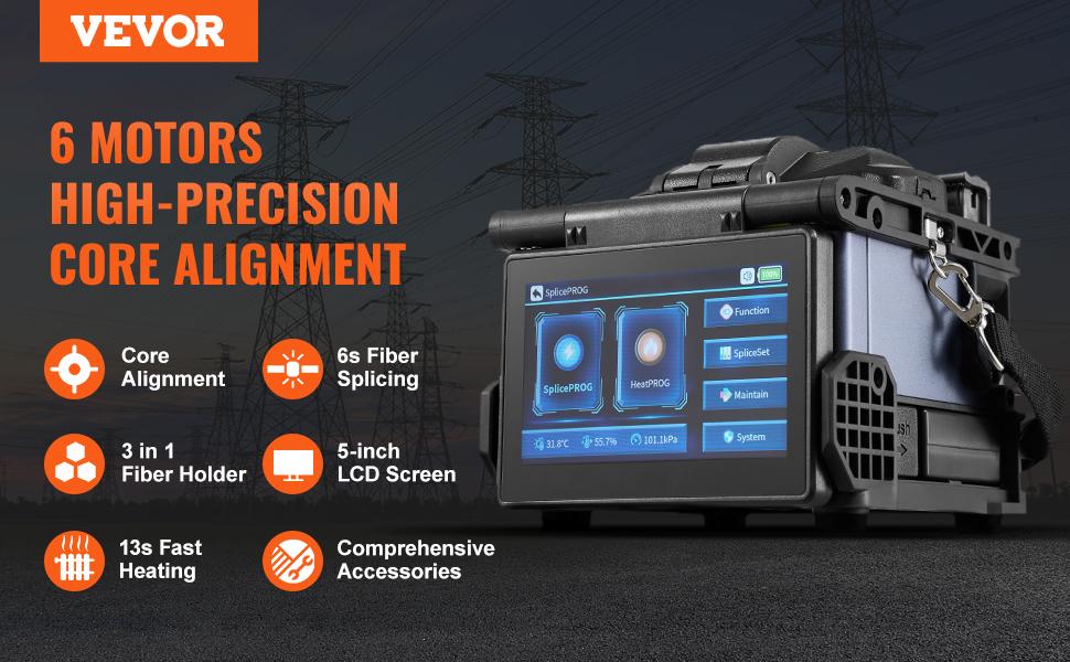 VEVOR Fiber Fusion Splicer 6-Motor, Core Alignment Fiber Optic Splicer 6s Splicing 13s Heating, Fiber Splicer Machine with 5 LCD Screen, 3 in 1 Fiber Holder, 7800mAh Battery for SM MM DS NZDS Fiber VEVOR Fiber Fusion Splicer 6-Motor, Core Alignment Fiber Optic Splicer 6s Splicing 13s Heating, Fiber Splicer Machine with 5 LCD Screen, 3 in 1 Fiber Holder, 7800mAh Battery for SM MM DS NZDS Fiber
