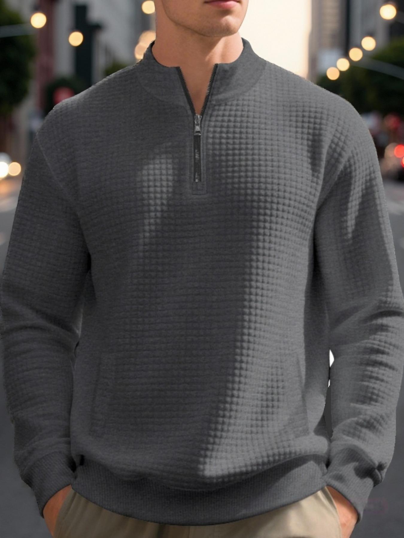 Heavyweight small checkered simple and casual men's loose stand-up collar semi-high collar quarter zipper long-sleeved base layer sweatshirt, warm and soft fabric, suitable for daily casual and outdoor sports occasions,gifts for him boyfriend christmas