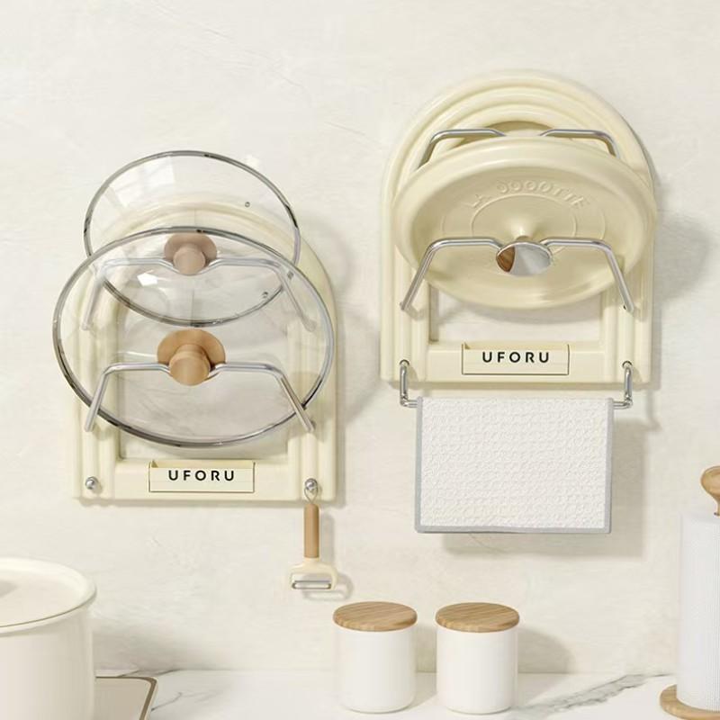 Aluminum Alloy Kitchen Wall Mounted Storage Rack, Multi-Functional No Drilling Pot Lid Holder, Cutting Board Towel Organizer