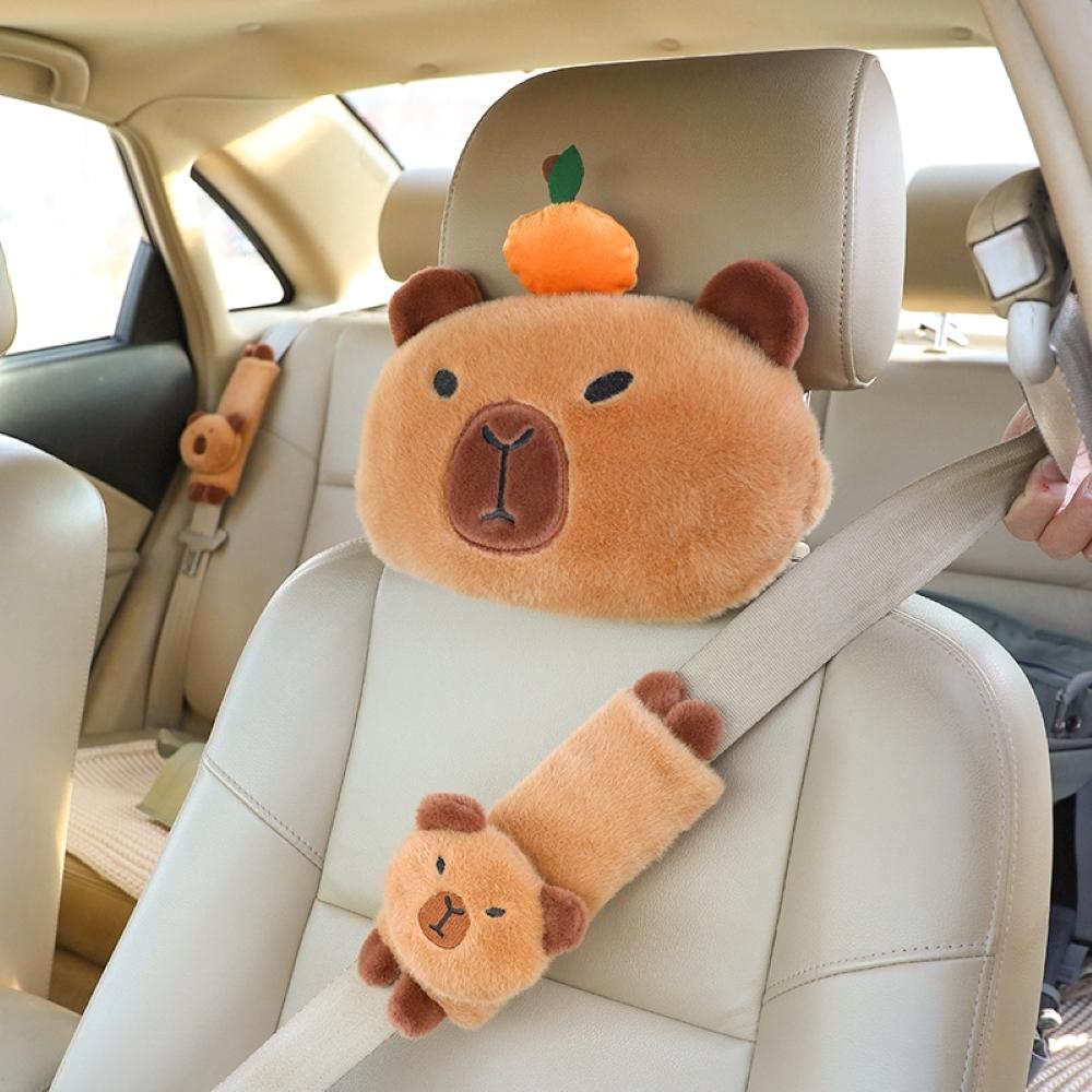 Car Seat Belt Cover Pad & Plush Car Neck Pillow, Cute Capybara Design Neck Pillow & Car Seat Belt Protector, Car Interior Accessories, Car Interior Decoration