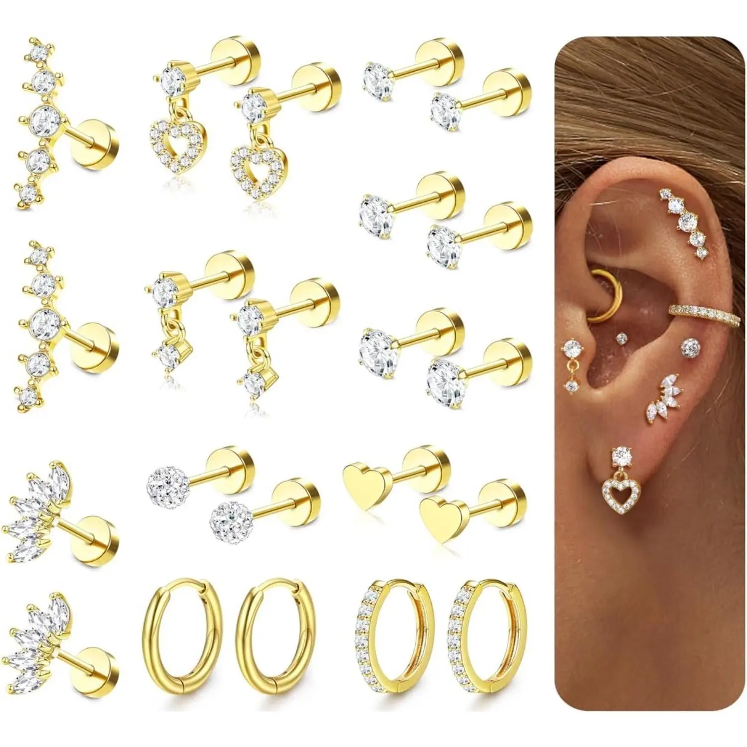 CASSIECA 11pairs Flat Back Earrings Stack for Women Cartilage Earrings Stacks 20G Surgical Stainless Steel Flatback Hypoallergenic Stud Hoop Earring Set Daith Conch Tragus Helix Piercing Jewelry Sohochic
