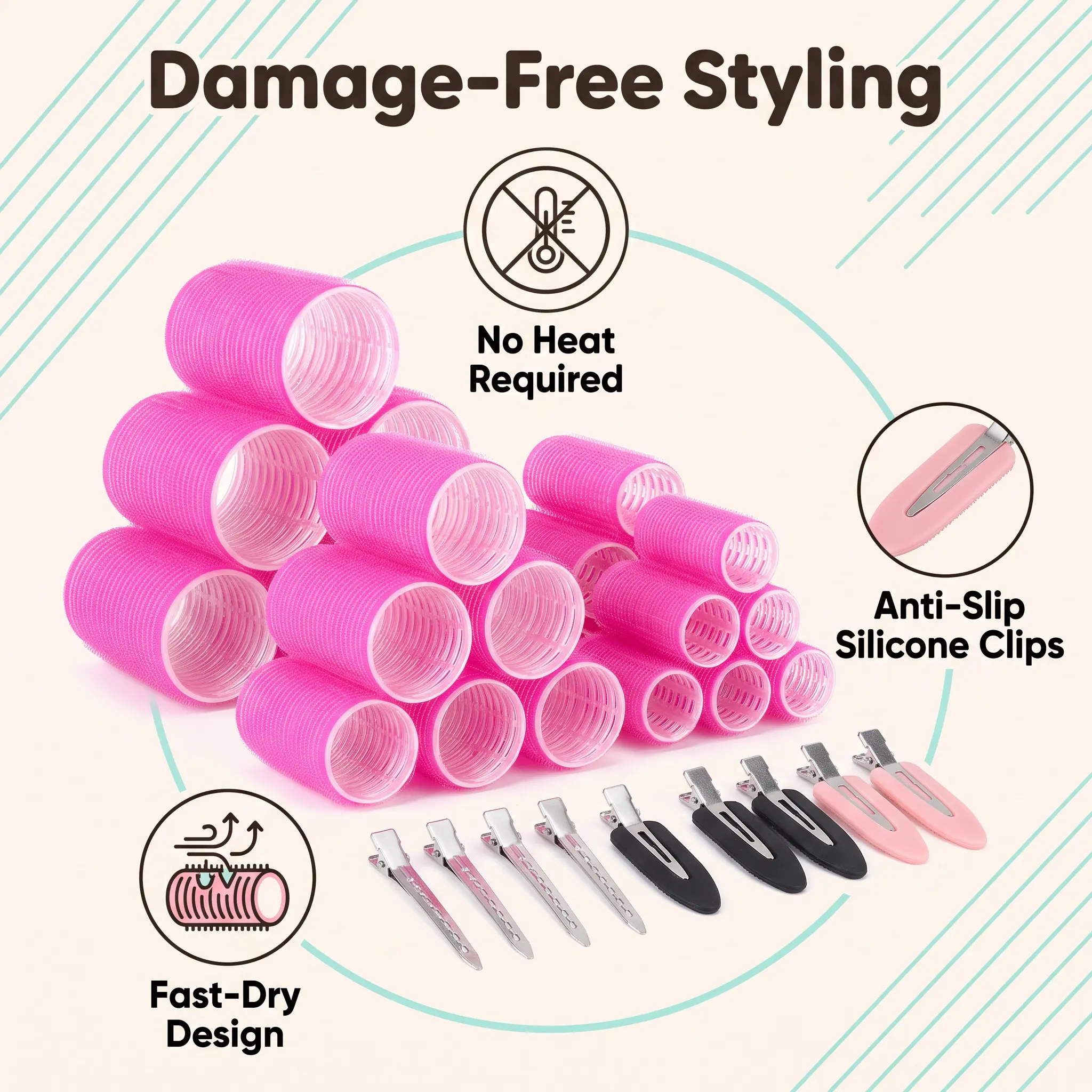 Women's Self-Grip Velcro Hair Rollers - Heatless Haircare Styling Tool for Volume, Curls, Root Lift & Bangs, Reusable for Long, Medium & Short Hair