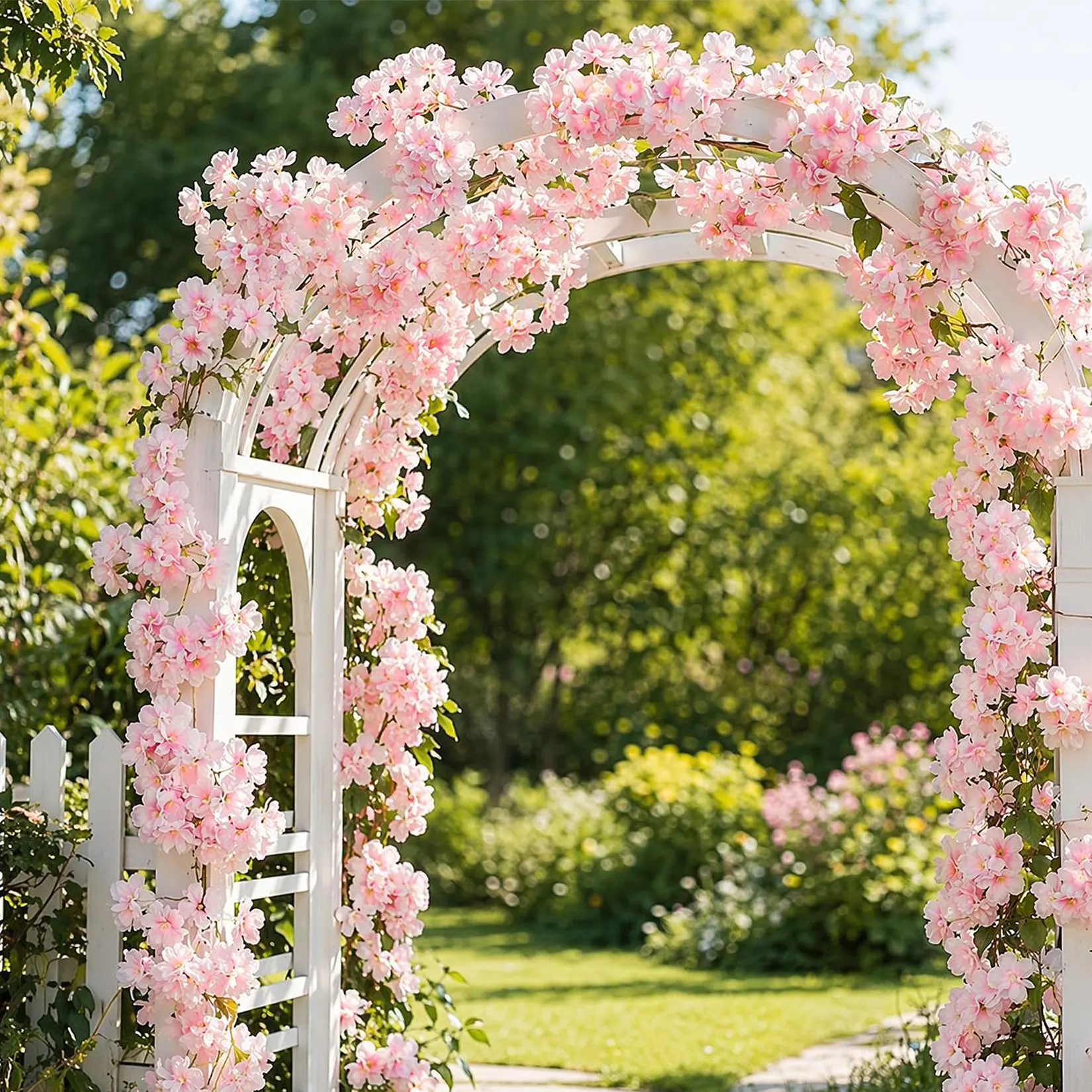 10‑Pack Lifelike Silk Cherry Blossom Flower Garlands, Sturdy Plastic Stems Hanging Floral Vines, Pink Decorations for Wedding Arch, Party, Household and Pink Room Styling