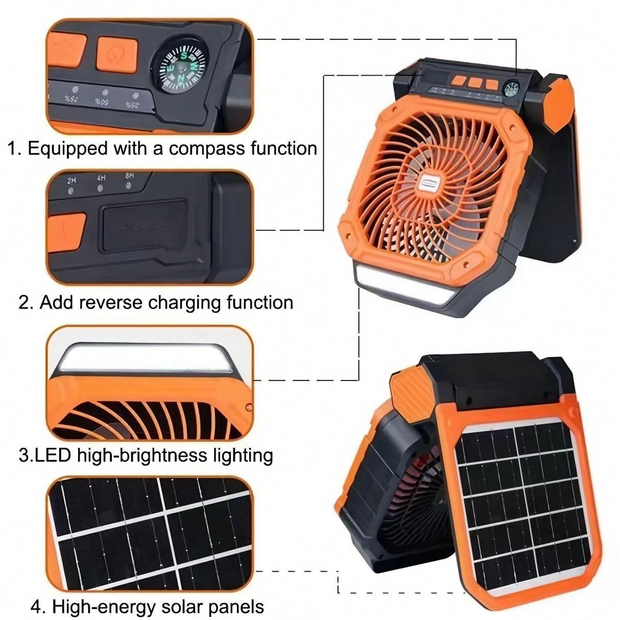 New Solar Powered Outdoor Fan with Solar Panel, Portable USB Charging, 4 Speeds, 3 Light Modes, Ultra Quiet, Timer, Camping Tent Fan