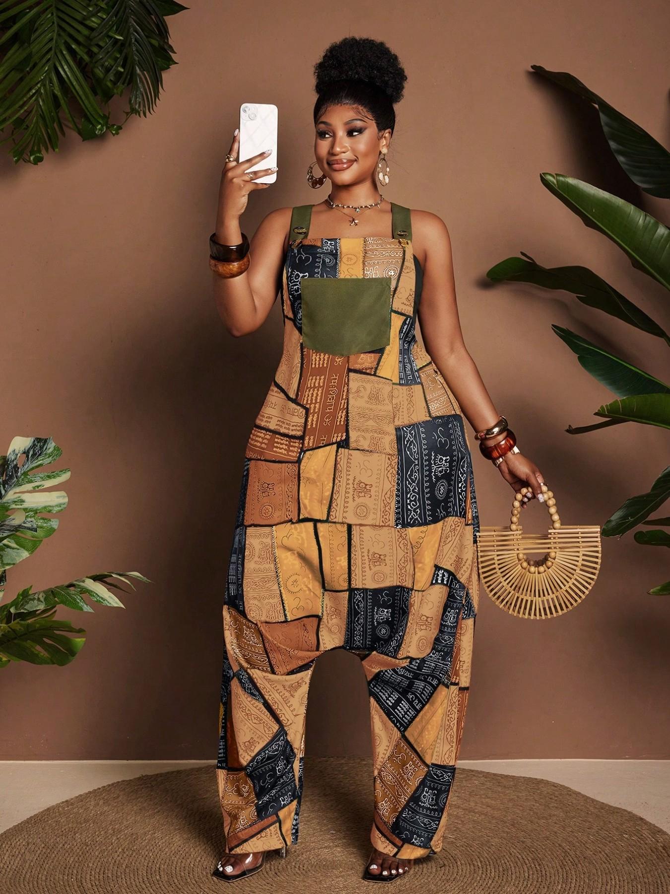 Women's Patchwork Print Jumpsuit, Boho Style Slim-Fitting Overall, Loose Wide Leg Casual Romper, All over Print Clothing, Bohemian