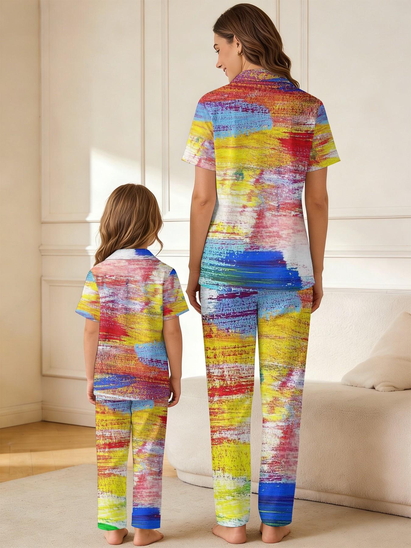 3D Chiikawa Parent-Children Pajamas, Vibrant Graffiti Style 3D Print, Comfort Home Wear for Mom and Daughter, Casual Slim Fit Sleepwear