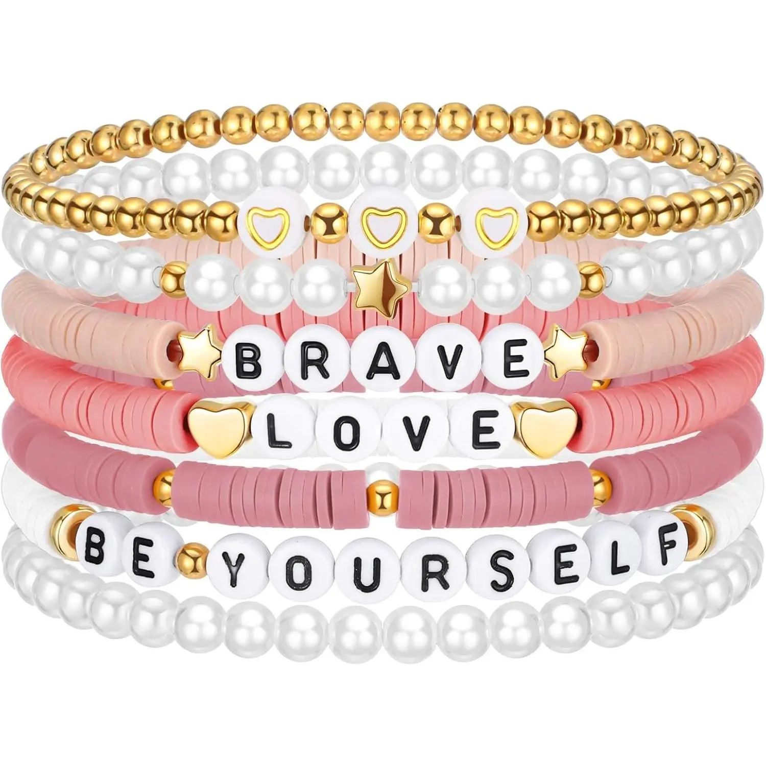 7 Pcs Preppy Clay Heishi Bead Friendship Bracelets for Women Teen Girls Stackable Boho Y2K Surfer Jewelry (Pink)Gift
