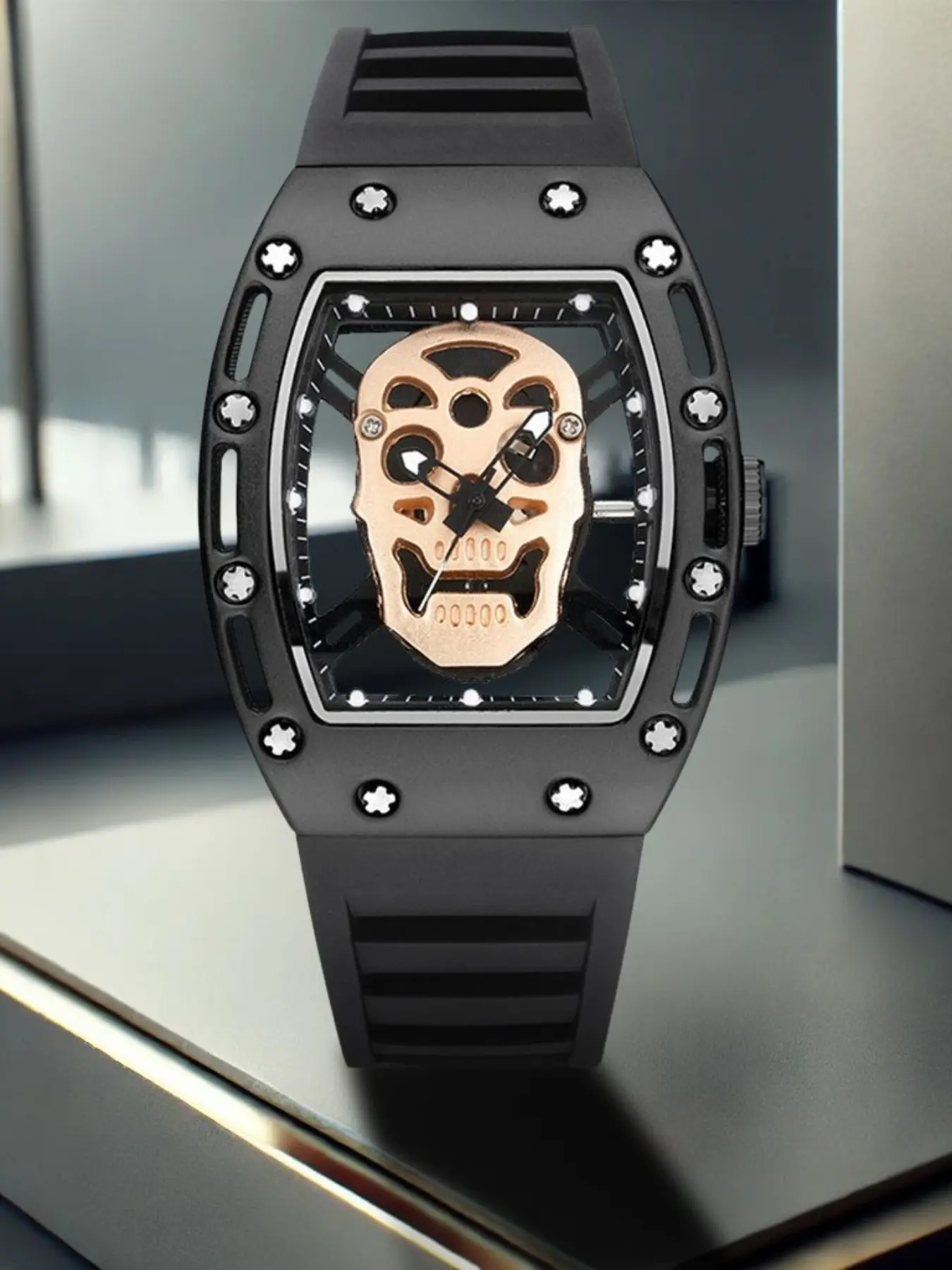 New Men's Sport Fashion Quartz Watch, Barrel Shape Skeleton Dial, Night Light Quartz Movement, Silicone Strap, Ideal Gift for Boyfriend