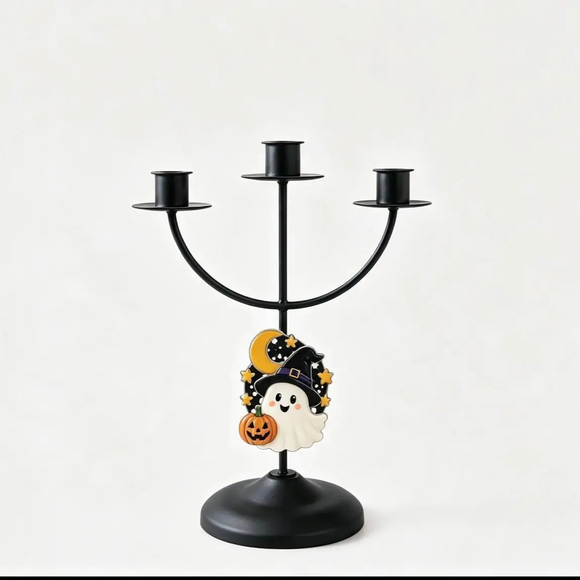 1 Pc Halloween Vintage Ghost Pumpkin Moon Star Iron 3 Arm Candle Holder for Party Dining Table Mantel Entryway Living Room Decor Stable Round Base Black Festive Centerpiece Fits Taper Candles for Everyday Home Dinner Wedding Fall Holiday Display