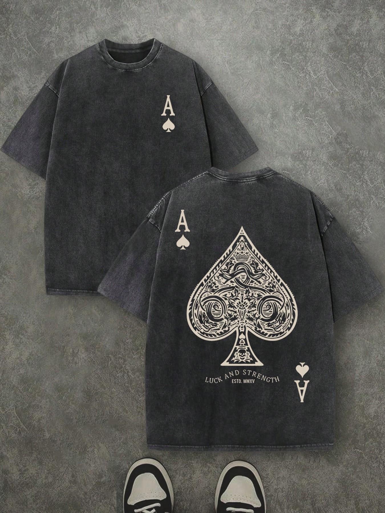 Vintage Washed Loose Fit T-Shirt, Both Sides Ace Print Short Sleeve, Y2K Retro Street Style, Lucky Poker Casual Top, Unisex
