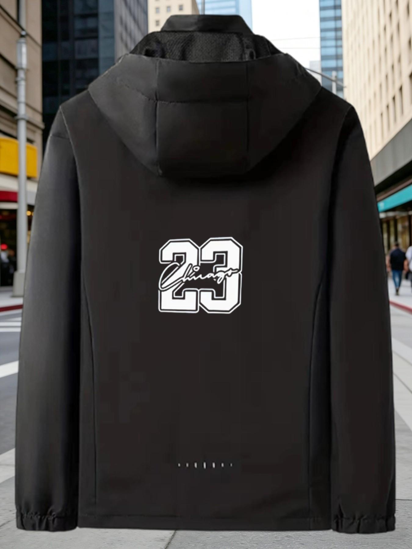 Chicago 23 Number Printed Hooded Jacket for Men, Windproof Waterproof Bomber Coat, Spring & Fall Basketball Outdoor Outerwear