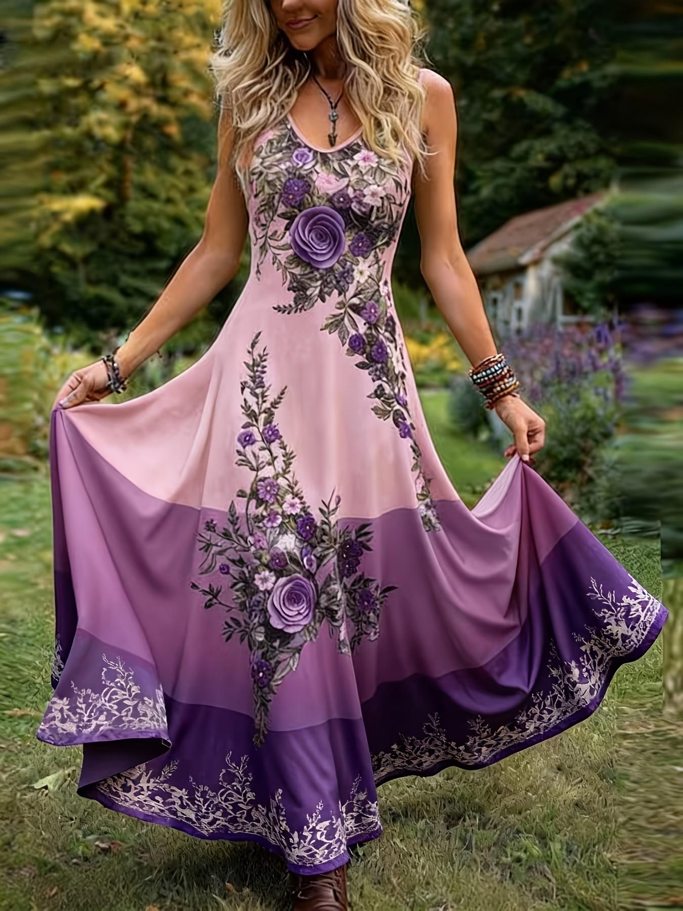 Elegant Vintage Floral Print Sleeveless Dress for Plus Size Women, Colorblock Design, Summer, Perfect for Casual & Special Occasions