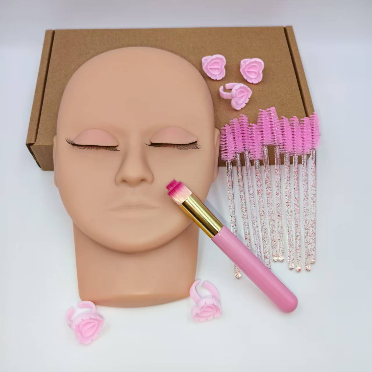Portable False Eyelash Practice Head Model Kit, Detachable Eye Module, Small Portable Lashes Practice Model, 10 Brushes, 5 Glue Rings, Cleaning Brush