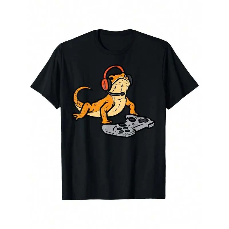 Bearded Dragon Video Gaming Fun Gamer Animal Men's Summer T-Shirt, Street Style Hip Hop T-Shirt Short Personalized Sleeve Printed Unisex Top