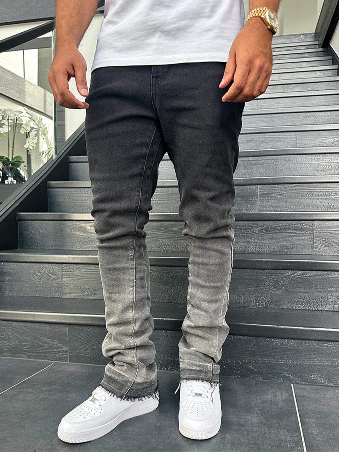 Men's Slim Fit Elastic Straight Leg Denim Jeans, Vintage Washed Distressed Gradient Streetwear Street Style, All-Season Fashion Pants