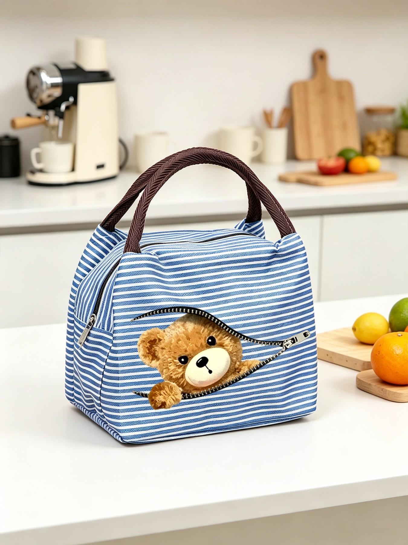 Creative Zipper Bear Lunch Bag, Insulated Meal Pouch, Thick Striped Handle, Large Capacity, Outdoor Picnic, Insulated Lunch Tote, Multiple Colors Available